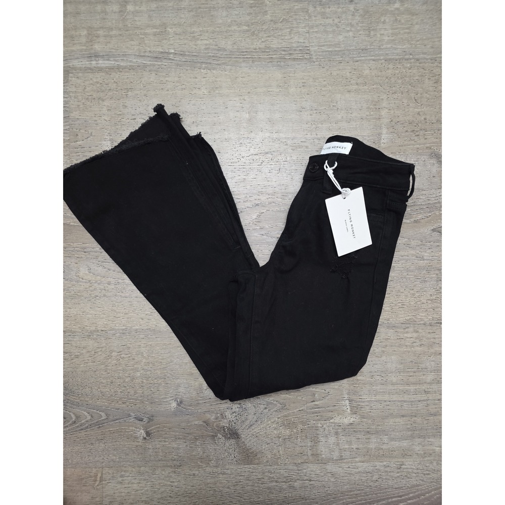 Flying Monkey Flare Jeans Womens 25 Black New Distressed Raw Hem Side Slit Denim